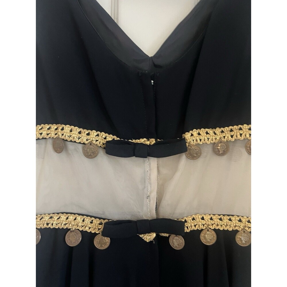 Vtg 60s Black Cocktail Dress XS Gold Coin Trim Mesh Midriff Asymmetrical Hem Mod - Picture 4 of 8